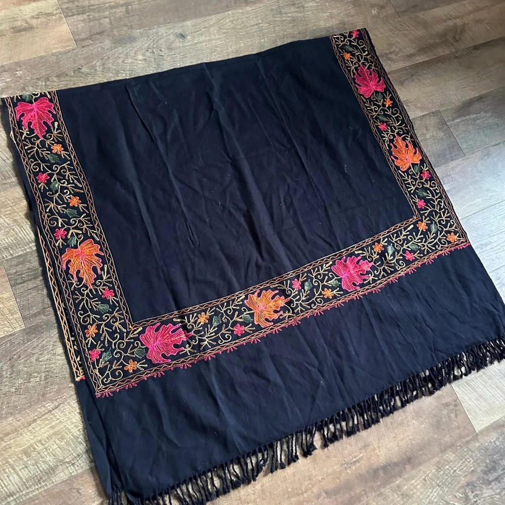 Vintage Style Hand Embroidered Scarf Black Pink Orange Floral Fringe